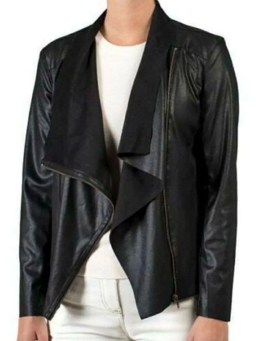 Mote Women's Medium Black Brown Faux Suede Drape Front Zip Moto Jacket Light